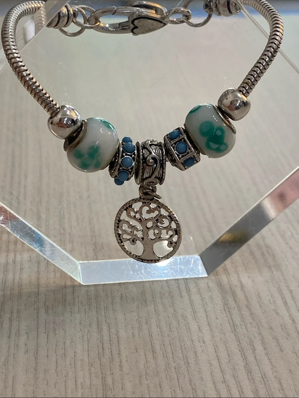 Silver Tone Tree of Life Charm Bracelet with Aqua Glass Beads